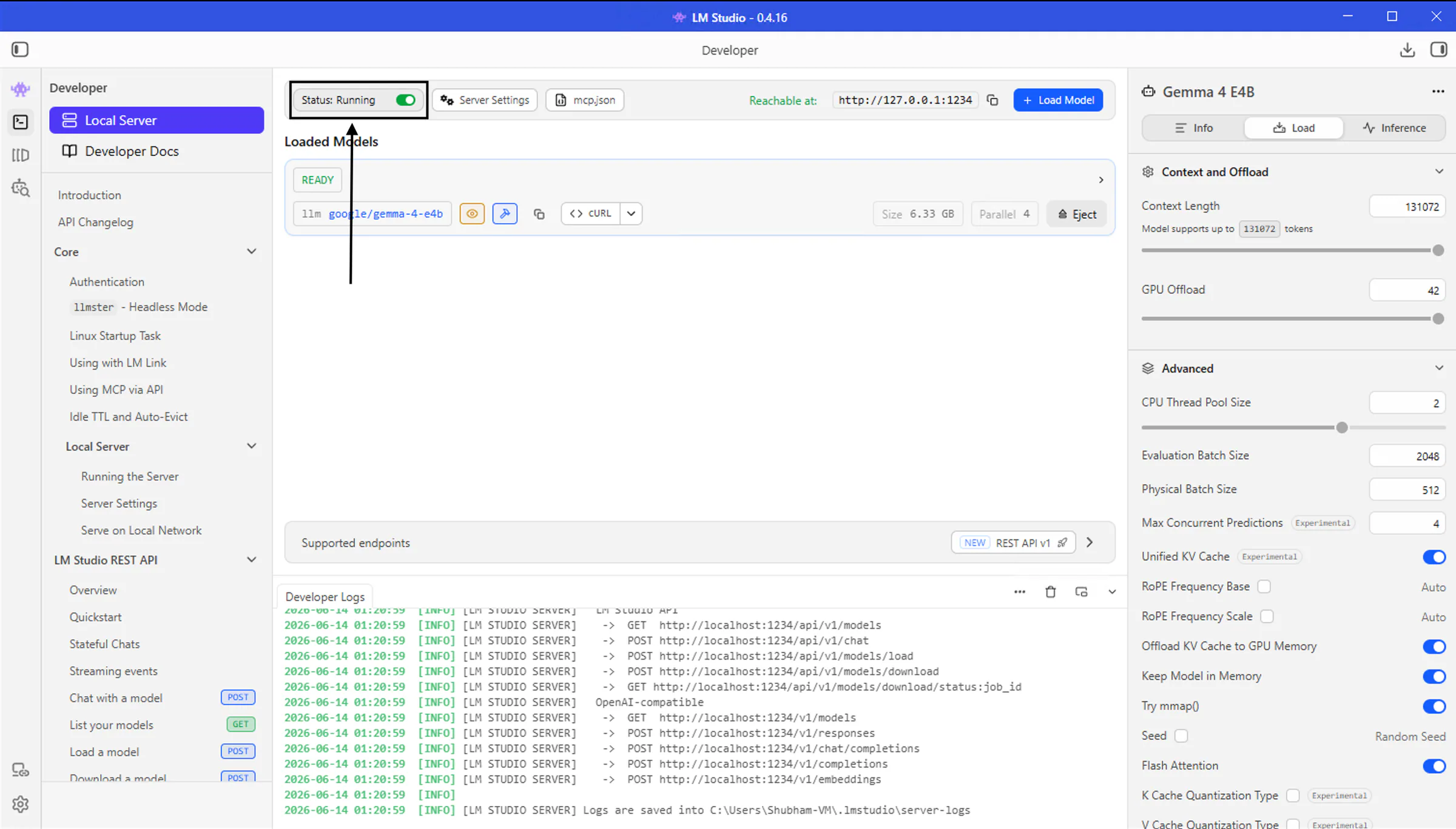 Image of starting api server in LM Studio