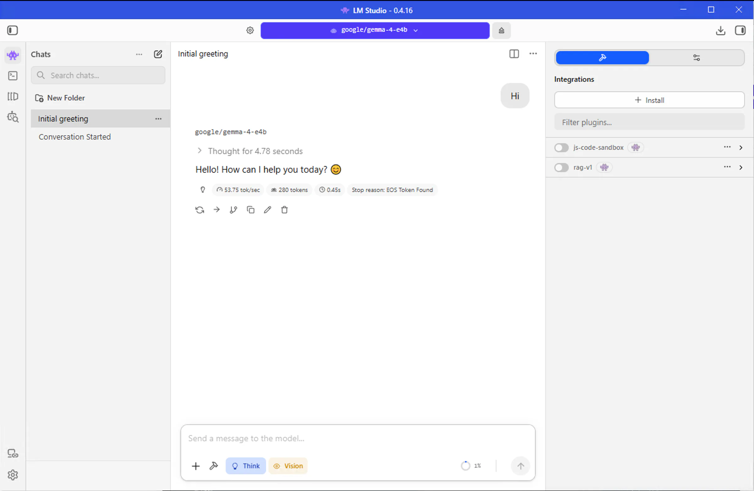 LM Studio chat interface with a model loaded and a prompt sent to get a response
