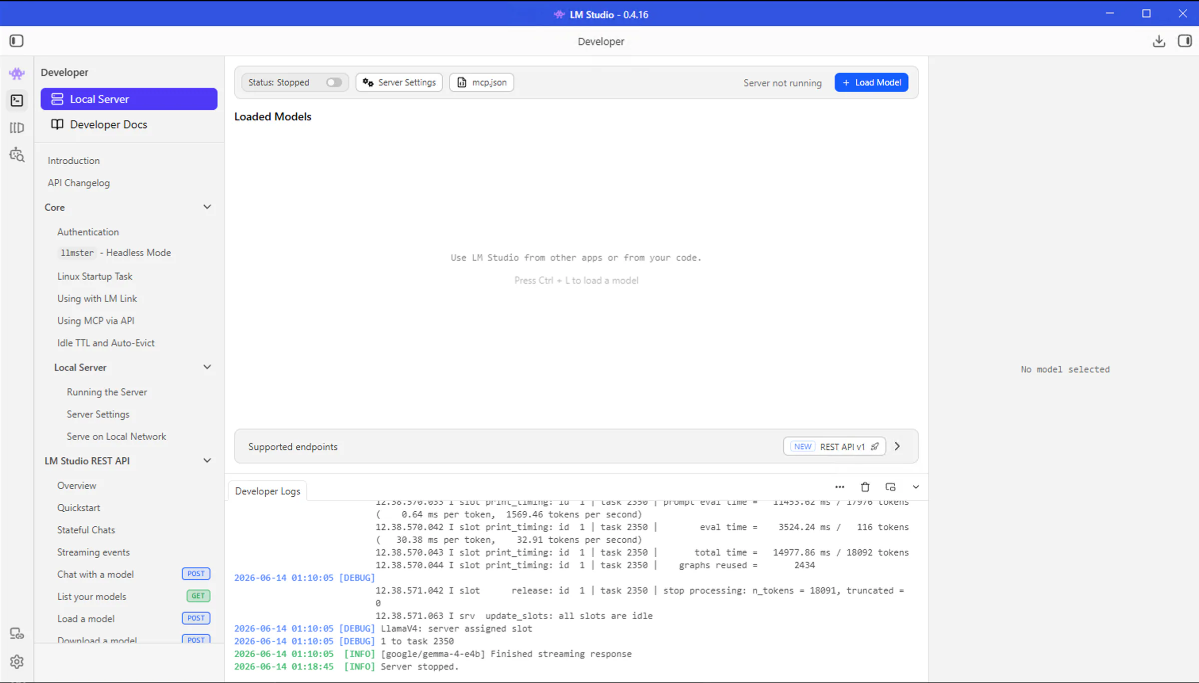 Image of developer tab opened in LM Studio