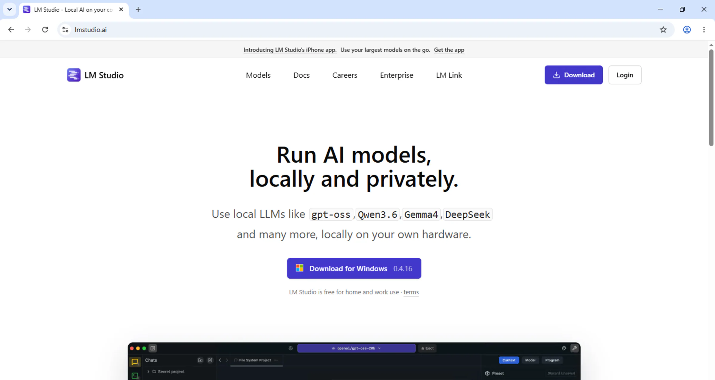 LM Studio download page on lmstudio.ai