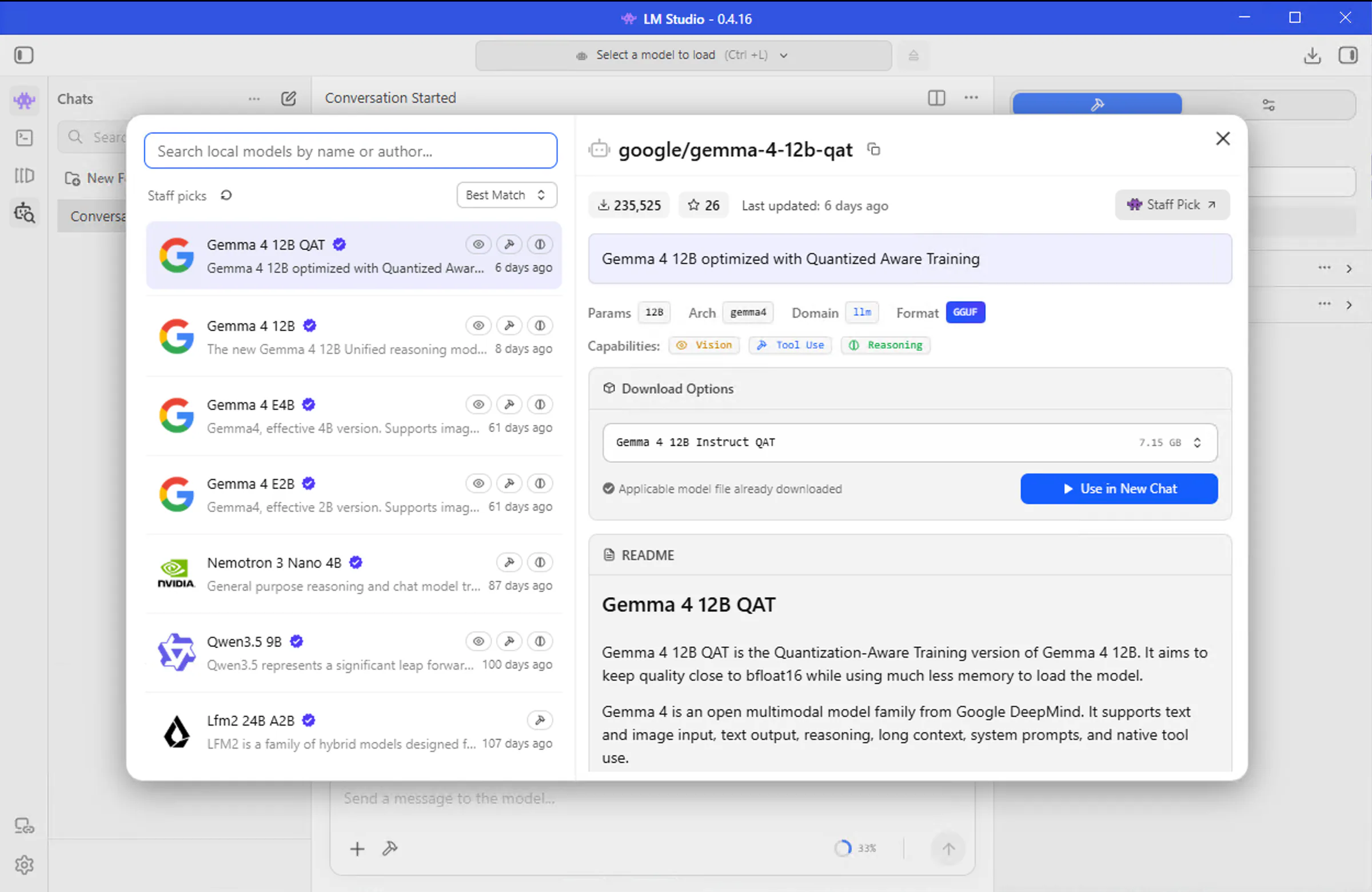 LM Studio model browser showing search results and download options