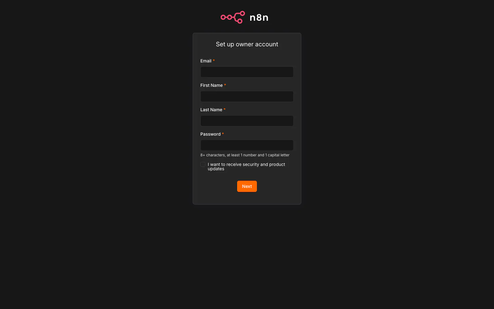 The n8n owner-account setup screen on first launch