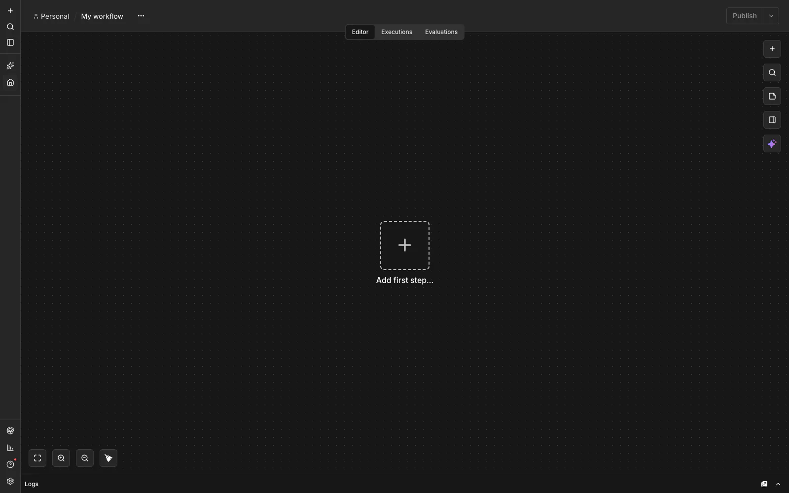The n8n workflow editor with the Add first step prompt
